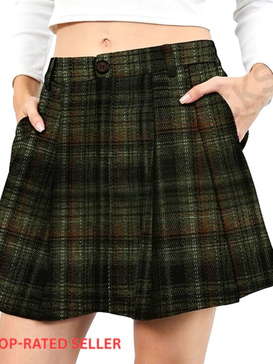 Dresses & Skirts - Pleated Mini Skirt High Waist Elastic Vintage Style with Pockets Y2K Chic
